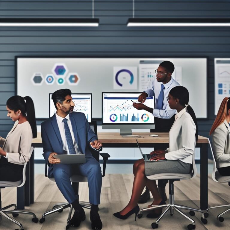 A modern office with a diverse team of business professionals in professional attire collaboratively assessing data on computer screens and whiteboards. The bright, contemporary workspace features various digital devices and visual data representations, including charts, graphs, and sales metrics on customer relationship management and ROI analysis. The environment exudes productivity and tech-savviness.