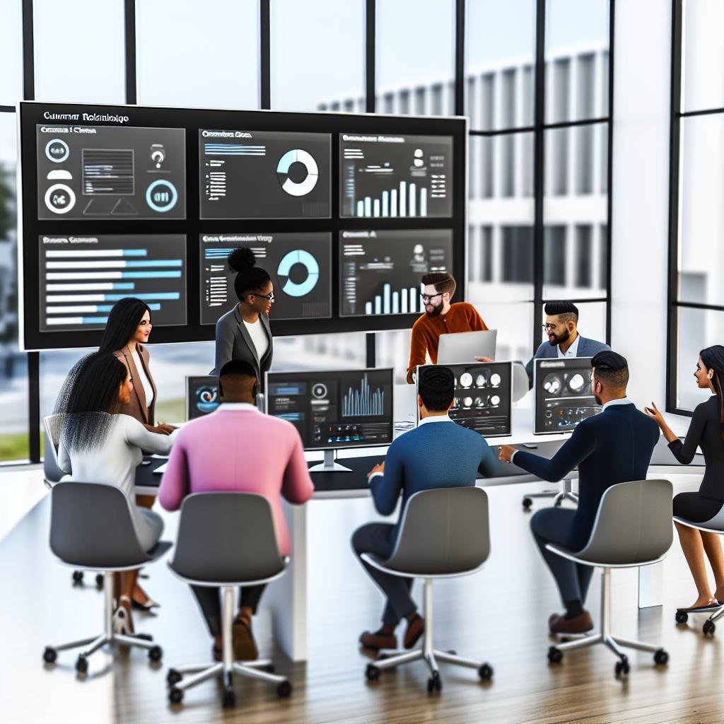 "A modern office setting with diverse team members collaborating around a large digital display showcasing CRM dashboards and analytics. The bustling yet organized environment features contemporary furniture and multiple workstations focused on different tasks, highlighting teamwork, technology integration, and effective communication."