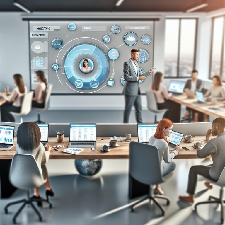 A modern office setting where a team of marketing professionals uses CRM software with advanced automation tools. A large interactive dashboard is displayed on a big screen, showing various data analytics. Team members are seen engaged in analyzing the data and setting up automated email campaigns. Laptops, tablets, and coffee cups are scattered around the workspace, adding a sense of authenticity. The atmosphere is collaborative and focused, highlighting the seamless integration of technology and teamwork.