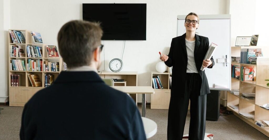 Businesswoman giving presentation in office with bookshelves and clock.